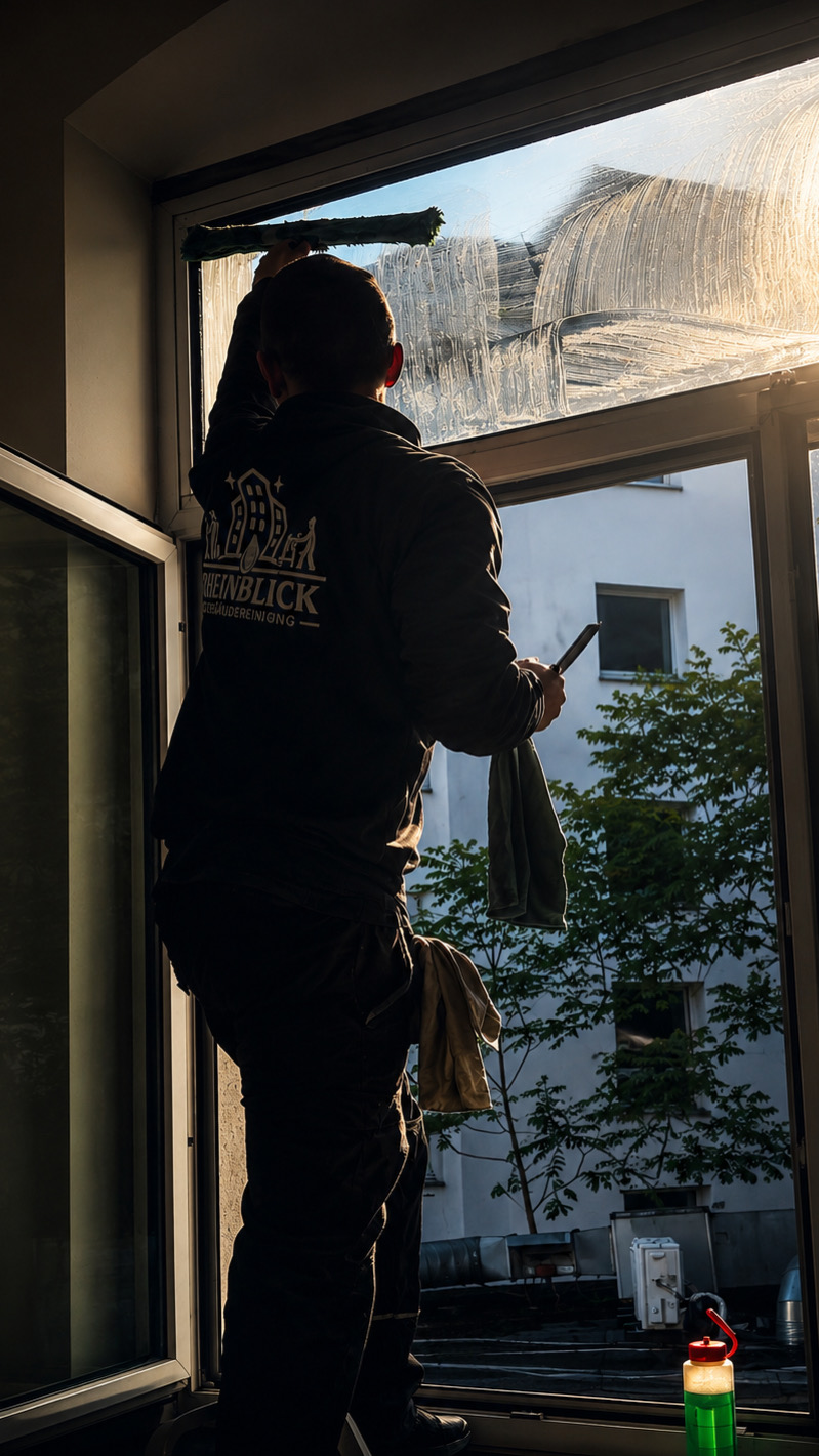 Mitarbeiter von Rheinblick bei der professionellen Fensterreinigung